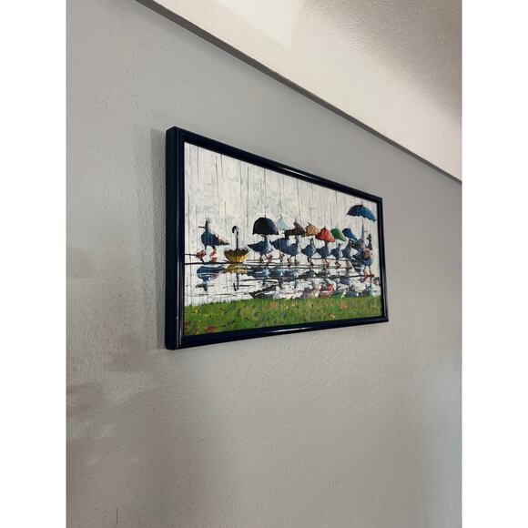 Whimsical Original Oil Painting of Ducks with Umbrellas - Picture 2 of 8